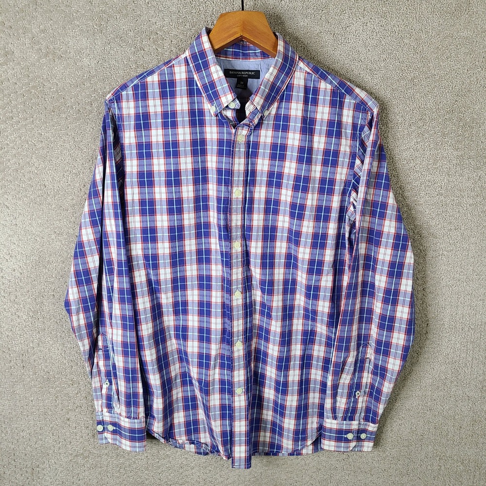 Banana Republic Shirt Mens M Blue Red Plaid Button Down Soft‎ Wash Long Sleeve